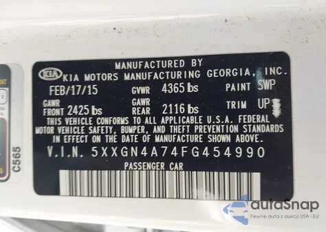 2015 Kia Optima Ex from USA, damaged, VIN 5XXGN4A74FG454990